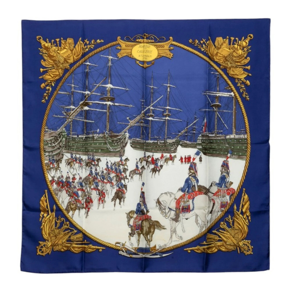 Hermes Carre 90 MARINE ET CAVALERIE (Sea and Cavalry) Scarf/Muffler, Blue Mul...